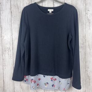 J Jill Women Top M Blue Floral Stripe Overlay Blouse Preppy Academia School Girl